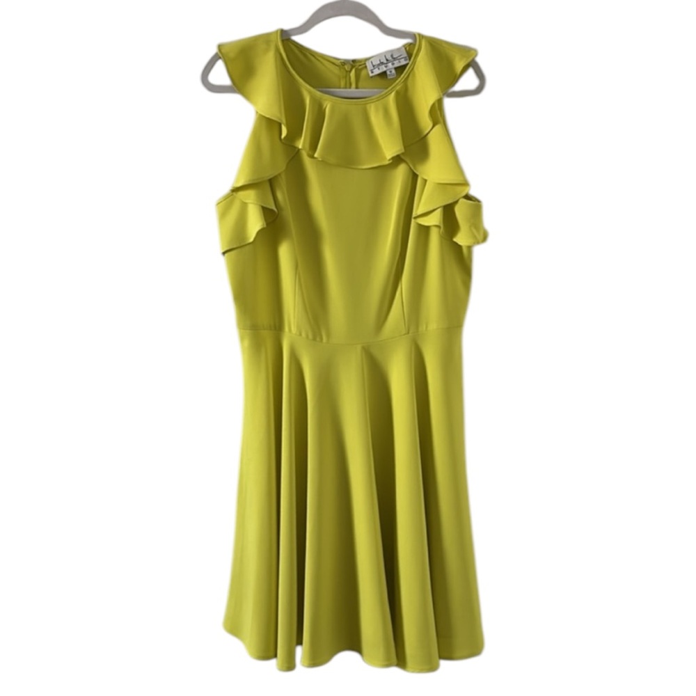 NICOLE MILLER | Ruffle Dress Fit and Flare | Chartreuse Yellow | Size 12
